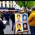 **

A vibrant, bustling scene at Place du Tertre, Montmartre, Paris. Artists with easels are sketching portraits of tourists. Colorful paintings are displayed for sale. The atmosphere is lively and crowded, capturing the energy of the artist square. Focus on the colorful chaos and the variety of artistic styles.

**