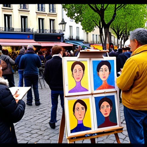 Home 15 **
A vibrant, bustling scene at Place du Tertre, Montmartre, Paris. Artists with easels are sketching portraits of tourists. Colorful paintings are displayed for sale. The atmosphere is lively and crowded, capturing the energy of the artist square. Focus on the colorful chaos and the variety of artistic styles.
**