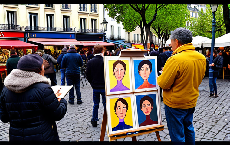 **
A vibrant, bustling scene at Place du Tertre, Montmartre, Paris. Artists with easels are sketching portraits of tourists. Colorful paintings are displayed for sale. The atmosphere is lively and crowded, capturing the energy of the artist square. Focus on the colorful chaos and the variety of artistic styles.
**