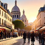 A bustling street scene in Montmartre, Paris, with artists painting portraits at Place du Tertre and the Sacré-Cœur Basilica in the background, bathed in the warm light of sunset.