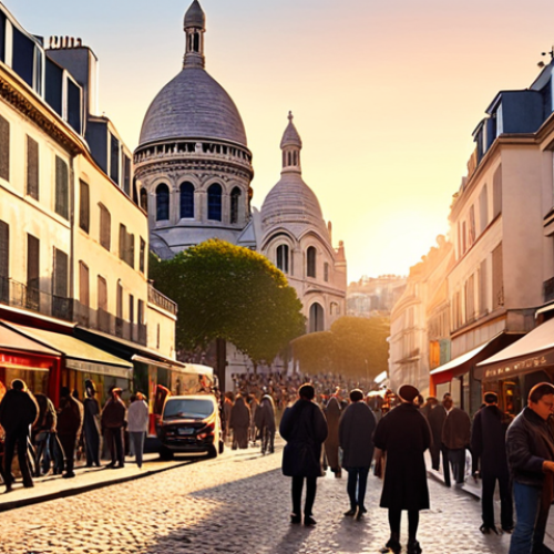 Home 14 A bustling street scene in Montmartre, Paris, with artists painting portraits at Place du Tertre and the Sacré-Cœur Basilica in the background, bathed in the warm light of sunset.