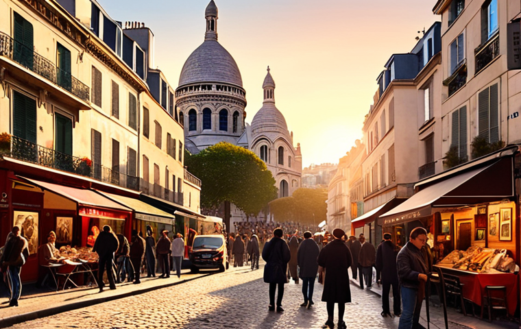 A bustling street scene in Montmartre, Paris, with artists painting portraits at Place du Tertre and the Sacré-Cœur Basilica in the background, bathed in the warm light of sunset.