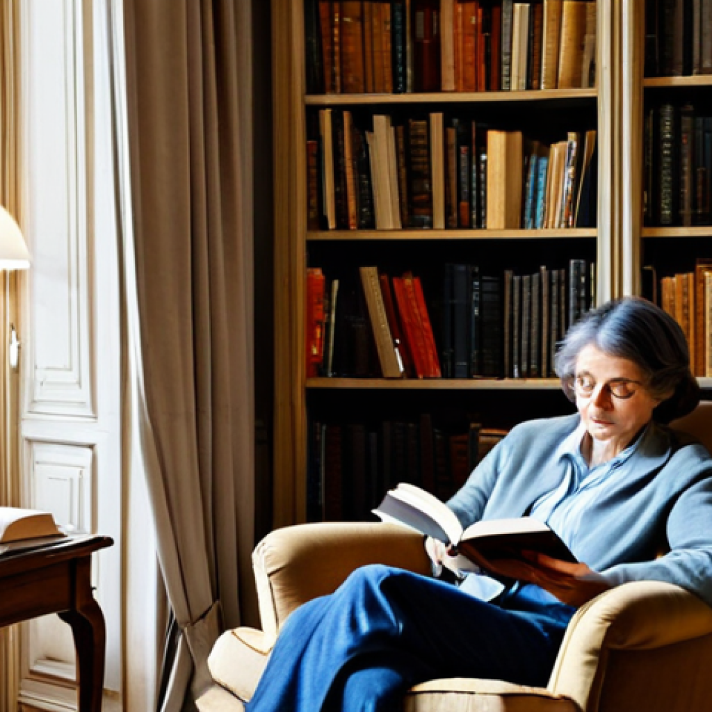 **

"A cozy, book-filled Parisian apartment, warm lighting, overflowing bookshelves with classic French literature, a comfortable armchair, a cup of coffee on a side table, fully clothed, safe for work, appropriate content, professional, modest, perfect anatomy, natural proportions, well-formed hands, proper finger count, natural body proportions, professional photography, high quality"

**