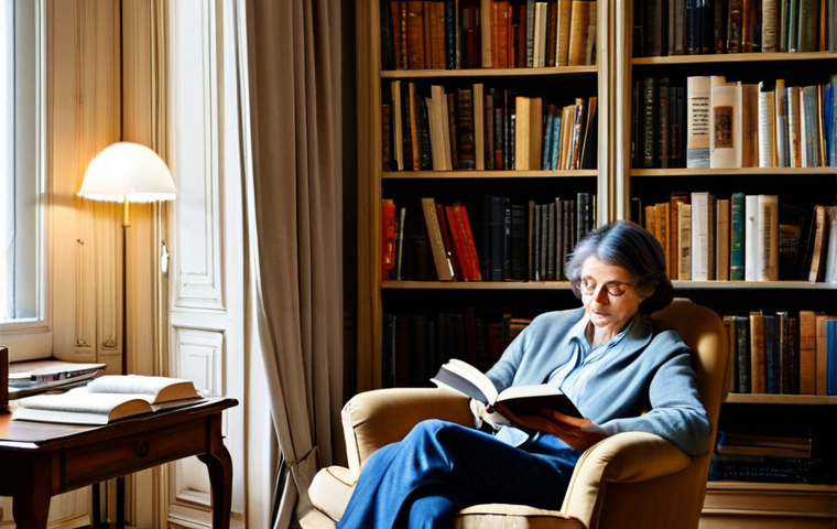 **

"A cozy, book-filled Parisian apartment, warm lighting, overflowing bookshelves with classic French literature, a comfortable armchair, a cup of coffee on a side table, fully clothed, safe for work, appropriate content, professional, modest, perfect anatomy, natural proportions, well-formed hands, proper finger count, natural body proportions, professional photography, high quality"

**