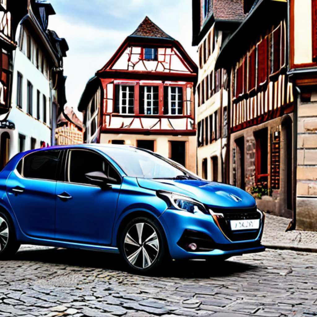 **
"A sleek, modern Peugeot e-208 in vibrant red, parked on a charming cobblestone street in a historic district of Strasbourg, France. The car is fully electric, showcasing its aerodynamic design. In the background, half-timbered houses create a picturesque scene. Safe for work, appropriate content, fully clothed models admiring the car, professional car photography, perfect anatomy, natural proportions, family-friendly setting, high quality, modest attire."
**