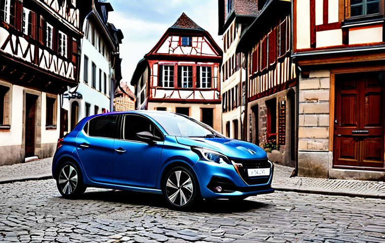 **

"A sleek, modern Peugeot e-208 in vibrant red, parked on a charming cobblestone street in a historic district of Strasbourg, France.  The car is fully electric, showcasing its aerodynamic design. In the background, half-timbered houses create a picturesque scene. Safe for work, appropriate content, fully clothed models admiring the car, professional car photography, perfect anatomy, natural proportions, family-friendly setting, high quality, modest attire."

**