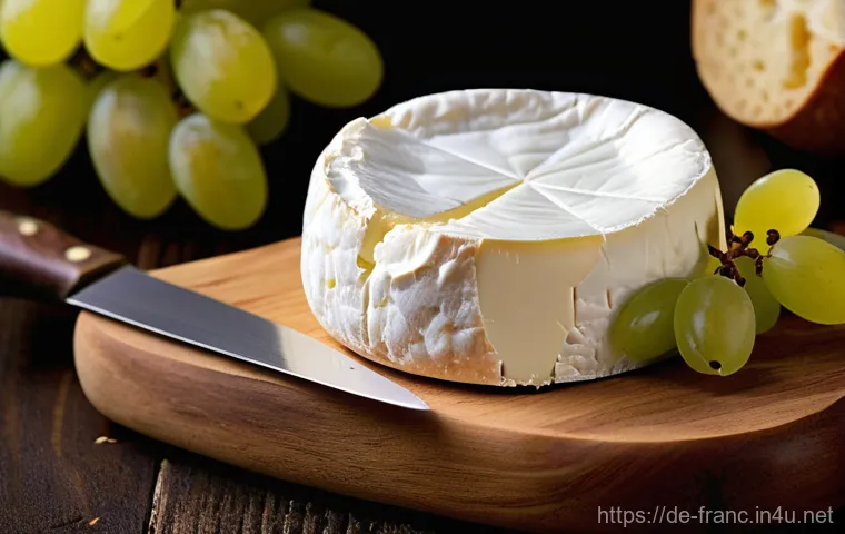 프랑스 치즈 종류 및 맛 비교 - **"A close-up, inviting shot of a perfectly ripe, creamy French Camembert de Normandie, gently slice...
