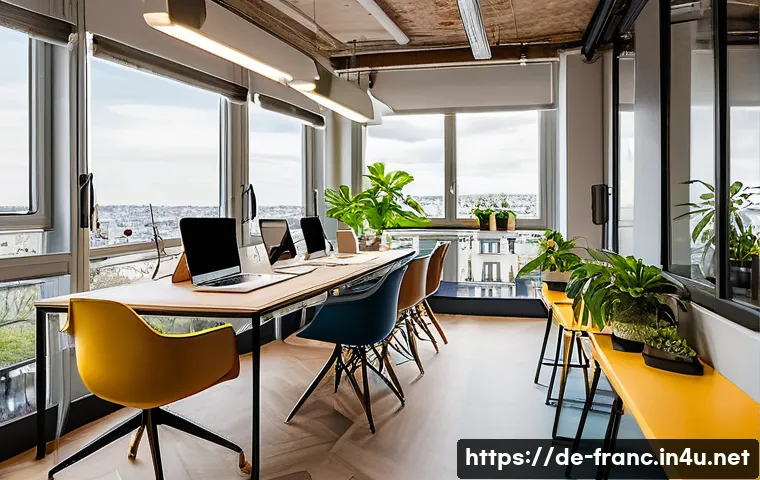 프랑스의 창업 지원 정책 - A modern French co-working space bustling with diverse startup founders collaborating and exchanging...