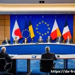 프랑스와 유럽연합의 관계 - A detailed political summit scene inside a grand European Union conference room, featuring French an...
