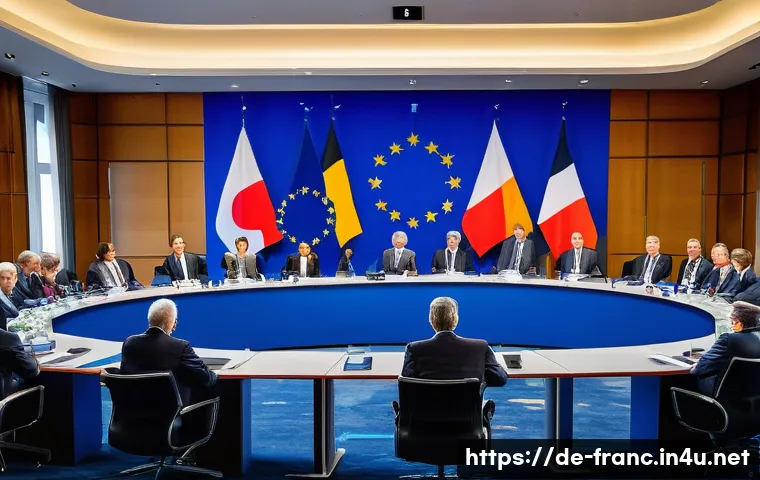 프랑스와 유럽연합의 관계 - A detailed political summit scene inside a grand European Union conference room, featuring French an...
