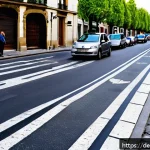 프랑스에서 자동차 운전 시 주의점 - A detailed street scene in a French small town featuring various traffic signs including a "Zone 30"...