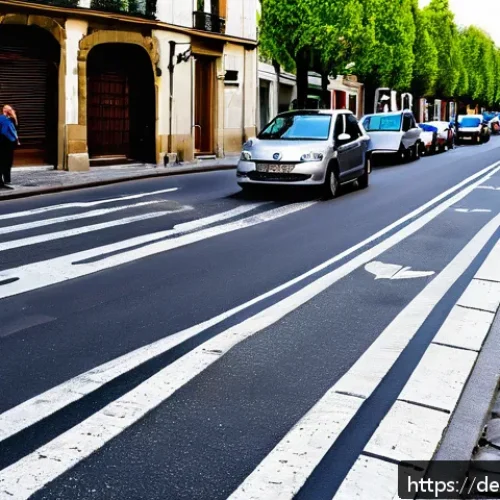 프랑스에서 자동차 운전 시 주의점 - A detailed street scene in a French small town featuring various traffic signs including a "Zone 30"...