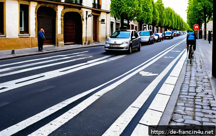 프랑스에서 자동차 운전 시 주의점 - A detailed street scene in a French small town featuring various traffic signs including a "Zone 30"...