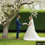 프랑스 결혼 문화 및 웨딩 트렌드 - A romantic outdoor wedding ceremony in a historic French castle garden during spring, featuring a br...