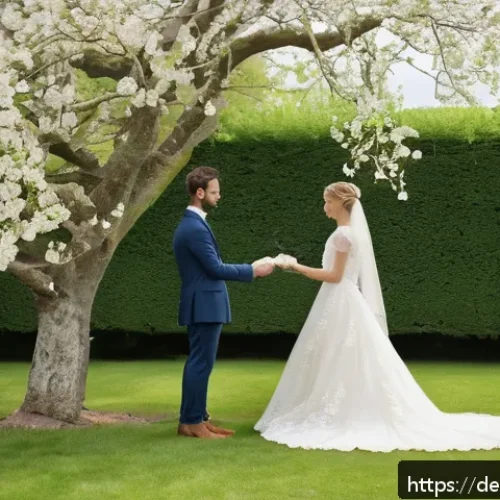 프랑스 결혼 문화 및 웨딩 트렌드 - A romantic outdoor wedding ceremony in a historic French castle garden during spring, featuring a br...