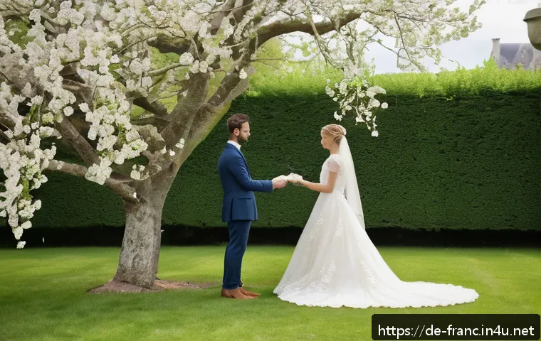 프랑스 결혼 문화 및 웨딩 트렌드 - A romantic outdoor wedding ceremony in a historic French castle garden during spring, featuring a br...