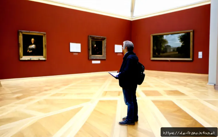 루브르 박물관 작품별 감상 가이드 - Photorealistic wide interior view of a grand Parisian art museum gallery inspired by the Louvre, a G...