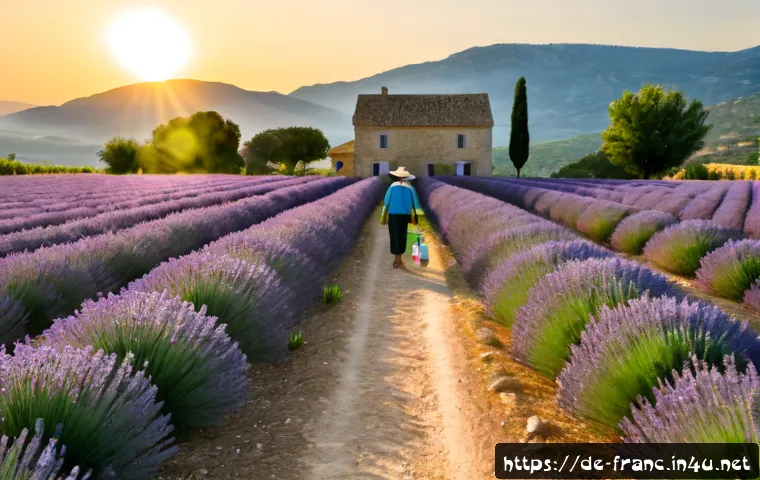 Home 30 프로방스 라벤더 밭 방문 팁 - Photorealistic early-morning view of a Provence lavender field in full bloom, long neat rows of vivi...
