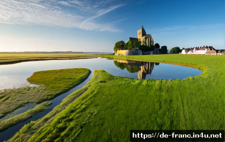 Home 17 프랑스의 지역별 역사적 특징 - Photorealistic historical landscape of Normandy, France, featuring a weathered medieval stone abbey ...